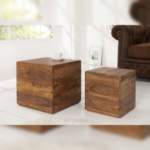 Vandana Classic Essence Set of 2 side tables cube MAKASSAR 40cm brown Sheesham solid wood stone finish