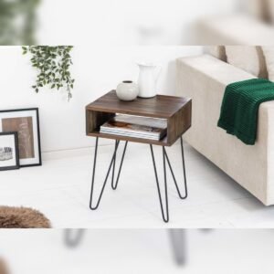 Vandana Classic Origin wood side table SCORPION 55cm acacia bedside table with shelf hairpin legs metal