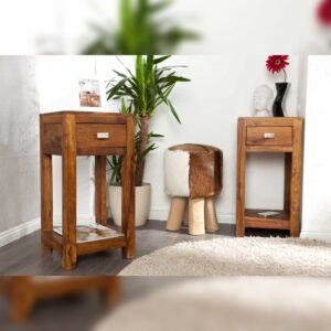 Vandana Classic Texture wood side table MAKASSAR 70cm brown Sheesham stone finish with storage space