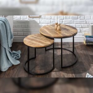 Vandana Classic Core set of 2 side tables ELEMENTS 60cm solid mango wood round black metal frame