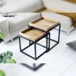 Vandana Modern Harmony Set of 2 side tables SERVITEUR 50cm natural mango wood black metal frame solid coffee tables