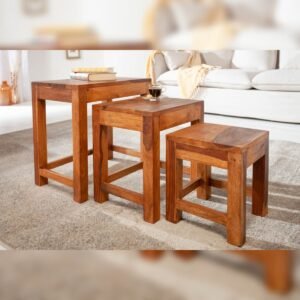 Vandana Classic Flow wood side tables set of 3 MONSOON 45cm brown Sheesham stone finish coffee table