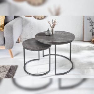 Vandana Classic Mark set of 2 side tables ELEMENTS 60cm grey mango wood solid round black metal