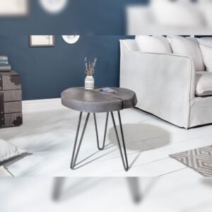 Vandana Urban Tone side table GOA 45cm grey acacia solid wood tree disc hairpin legs metal