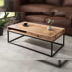 Vandana Modern Contour coffee table IRON CRAFT 100cm mango wood with drawer black metal frame
