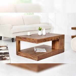 Vandana Modern Shape coffee table GIANT L 90cm brown Sheesham stone finish with shelf