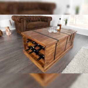 Vandana Modern Layer wood coffee table BODEGA 100cm brown Sheesham stone finish chest storage wine rack