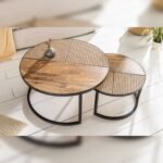Vandana Modern Frame Set of 2 coffee tables VIENNA LOUNGE 70cm round, solid mango wood, Viennese wickerwork, black metal