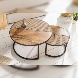 Vandana Modern Frame Set of 2 coffee tables VIENNA LOUNGE 70cm round, solid mango wood, Viennese wickerwork, black metal