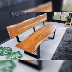 Vandana Urban Field wood bench MAMMUT 200cm natural acacia tree edge with backrest black metal frame