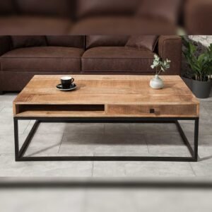 Vandana Modern Contour coffee table IRON CRAFT 100cm mango wood with drawer black metal frame