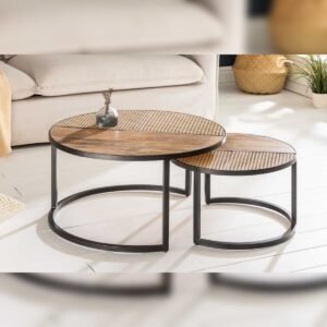 Vandana Modern Frame Set of 2 coffee tables VIENNA LOUNGE 70cm round, solid mango wood, Viennese wickerwork, black metal