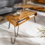 Vandana Vintage Craft coffee table SCORPION 100cm natural mango wood metal hairpin legs with shelf