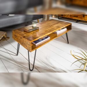 Vandana Vintage Craft coffee table SCORPION 100cm natural mango wood metal hairpin legs with shelf