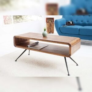 Vandana Modern Sense coffee table ALPHA 100cm brown Sheesham solid wood stone finish black metal legs