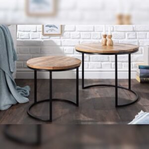 Industrial set of 2 side tables ELEMENTS 60cm solid mango wood round black metal frame